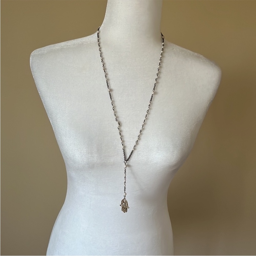 Hamsa hand white beaded necklace